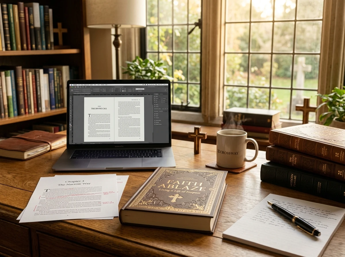 Book publishing workspace with manuscripts, books and a laptop
